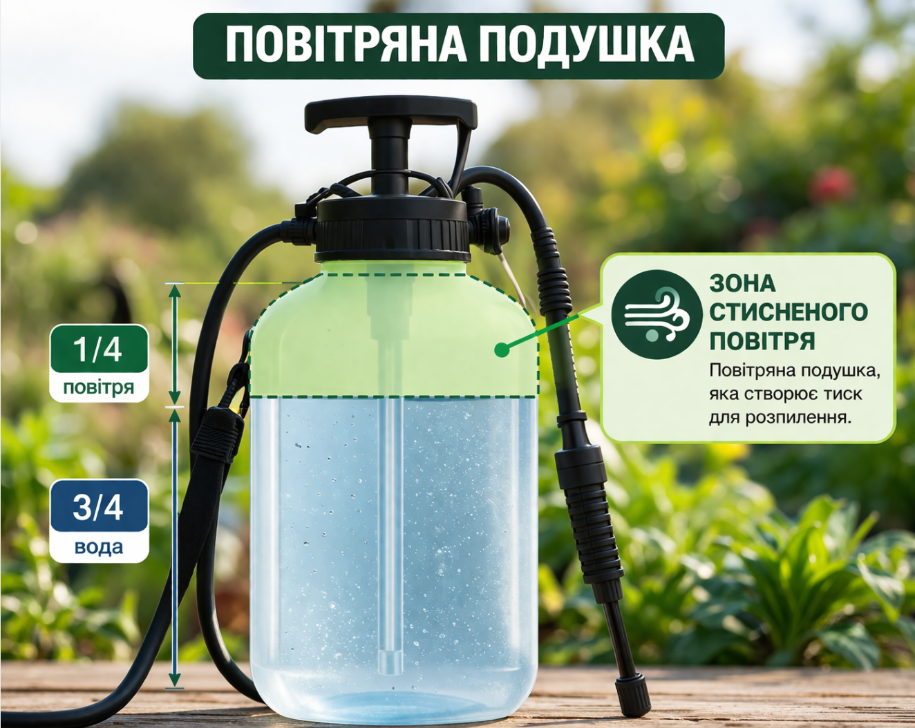 Правильный уровень воды и воздуха в садовом опрыскивателе