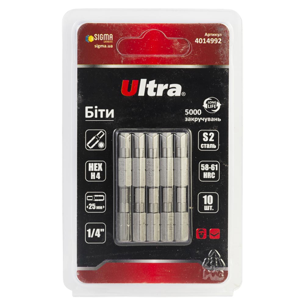 Биты Ultra Hex S2 4 x 25 мм 1/4" 10 шт (блистер)