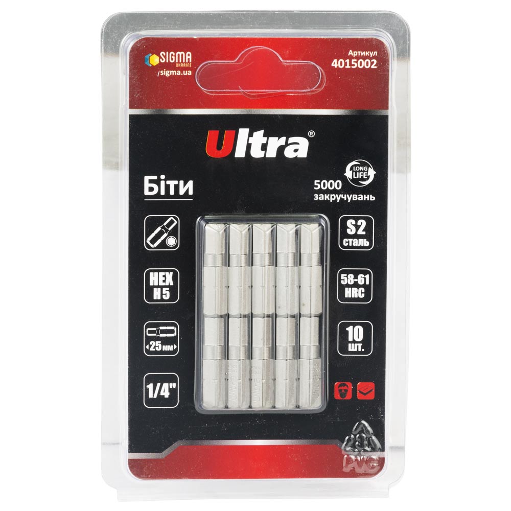 Биты Ultra Hex S2 5 x 25 мм 1/4" 10 шт (блистер)