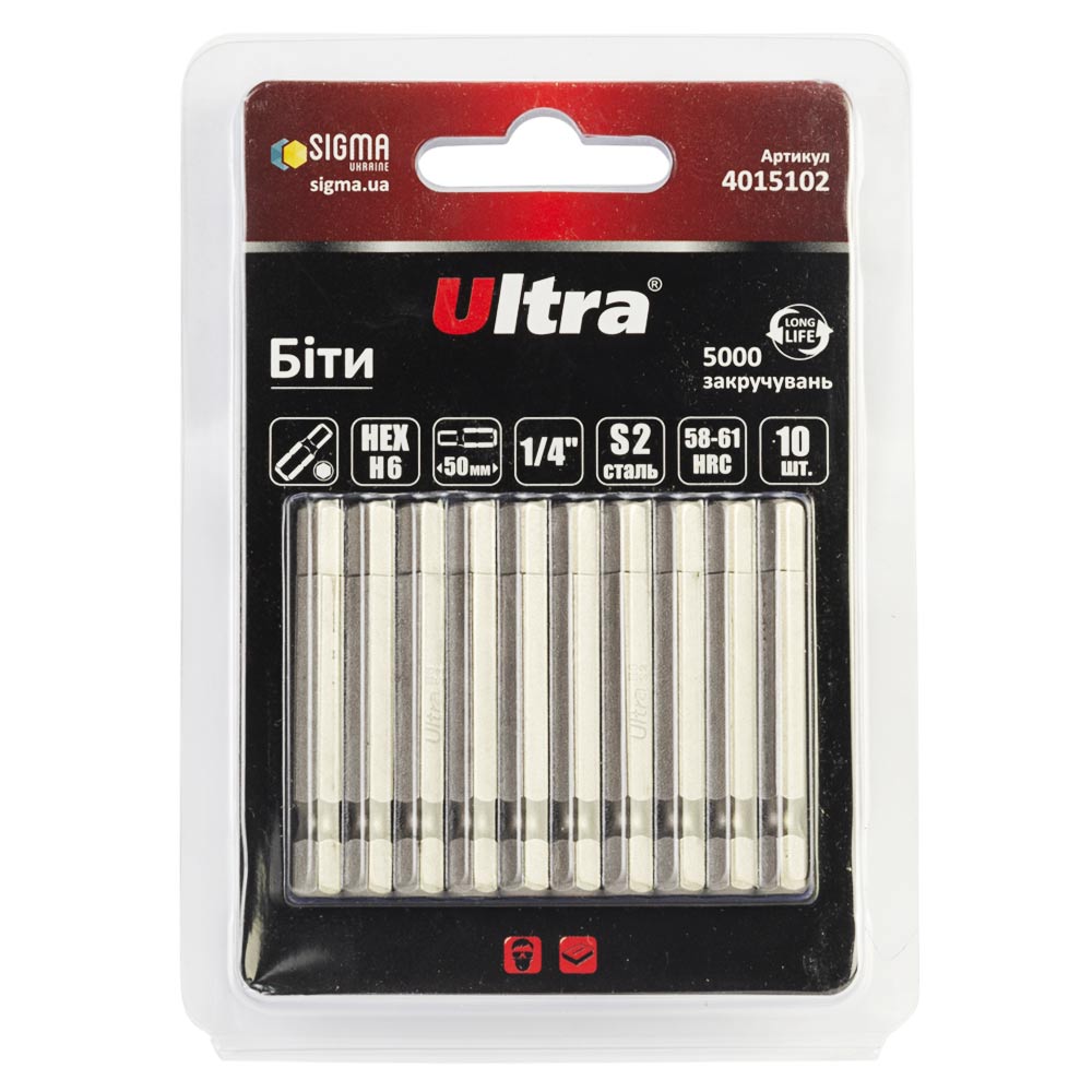 Биты Ultra Hex S2 6 x 50 мм 1/4" 10 шт (блистер)