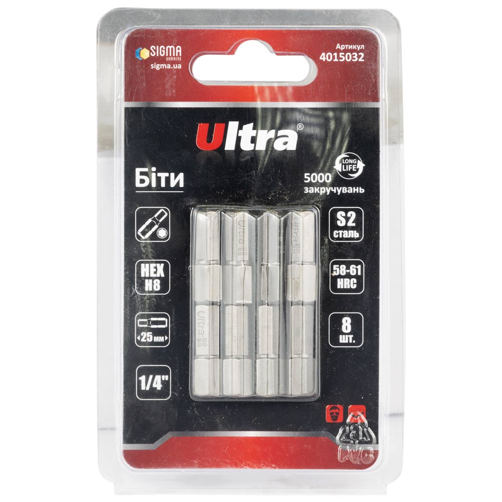 Биты Ultra Hex S2 8 x 25 мм 1/4" 8 шт (блистер)