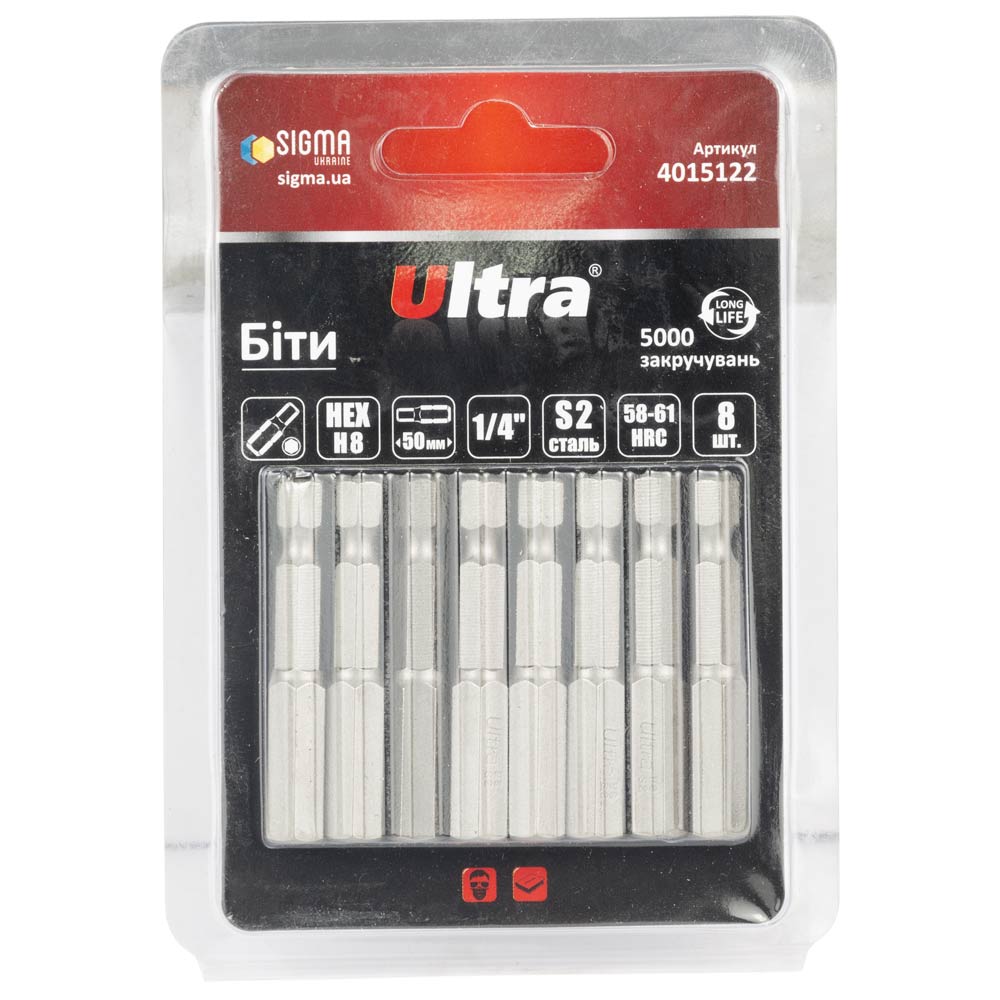 Биты Ultra Hex S2 8 x 50 мм 1/4" 8 шт (блистер)
