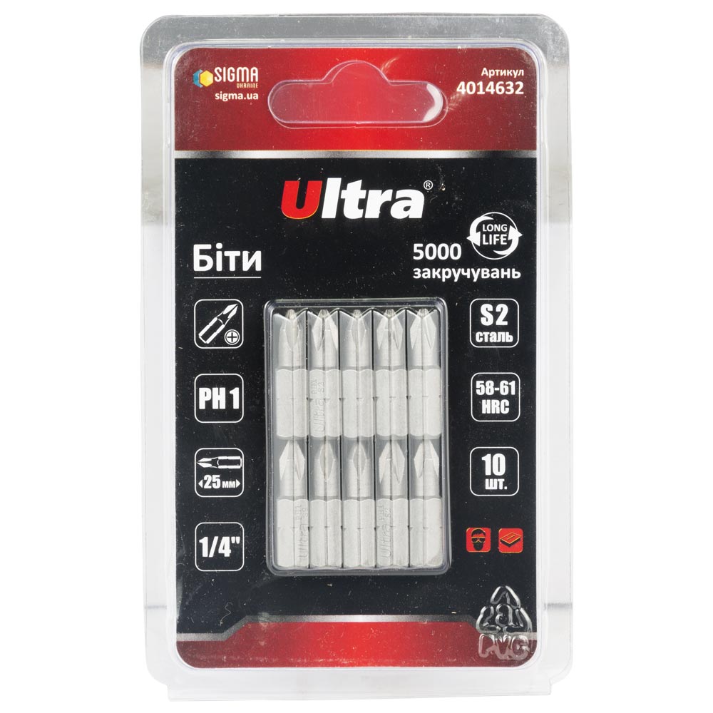 Биты Ultra S2 PH1 x 25 мм 1/4" 10 шт (блистер)