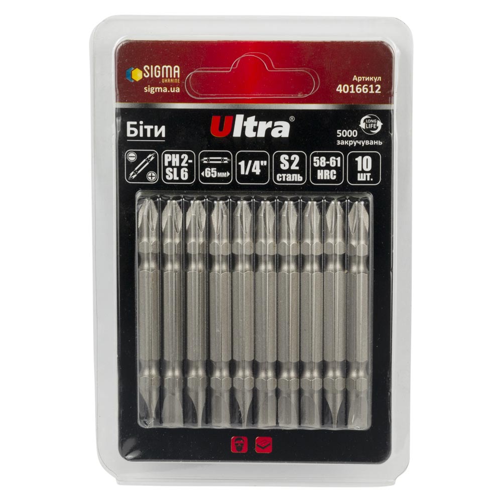 Биты Ultra S2 PH2-SL6 x 65 мм 1/4" 10 шт (блистер)