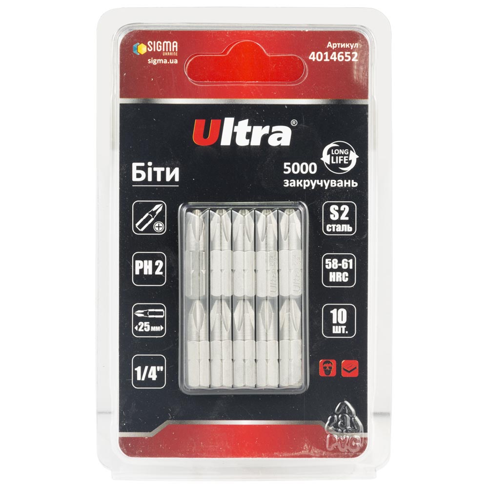 Биты Ultra S2 PH2 x 25 мм 1/4" 10 шт (блистер)