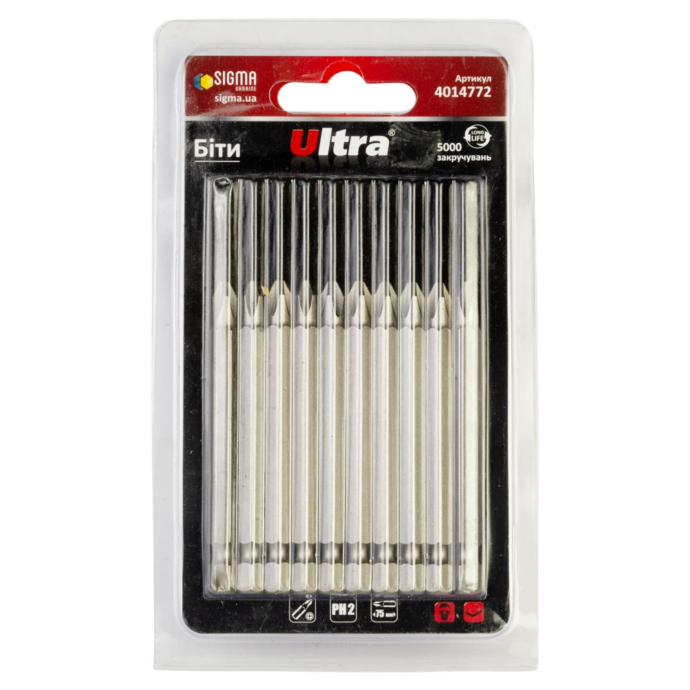 Біти Ultra S2 PH2 x 75 мм 1/4" 10 шт (блістер)