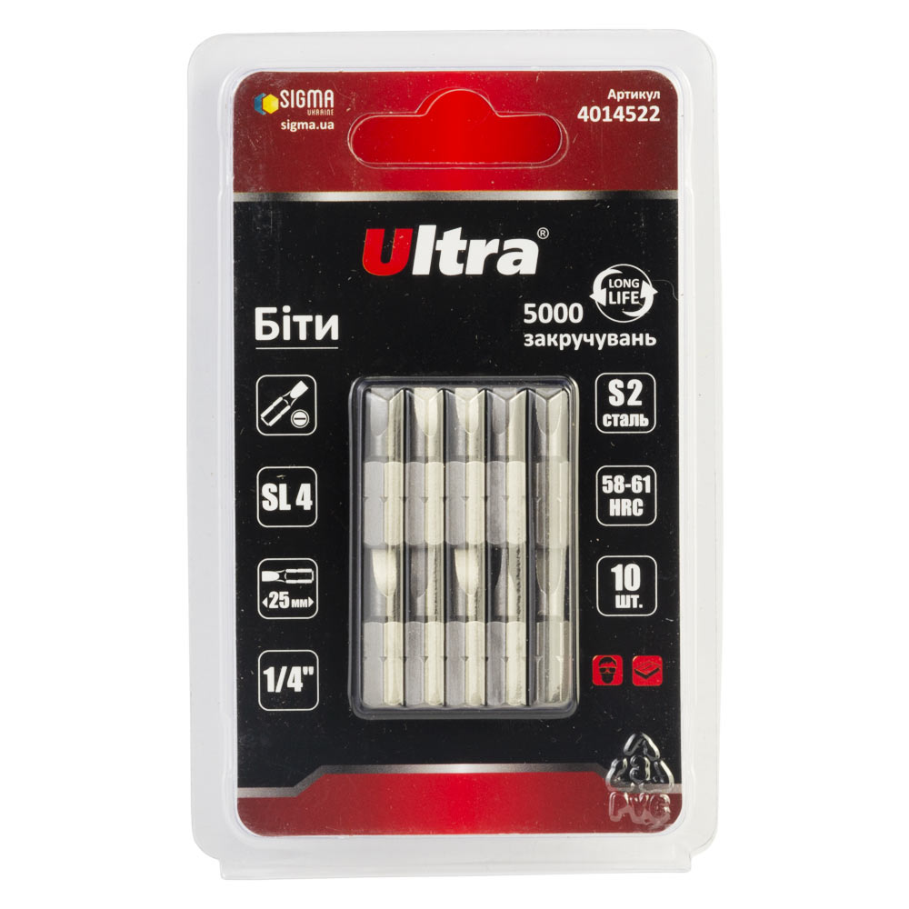 Біти Ultra S2 SL4 x 25 мм 1/4" 10 шт (блістер)