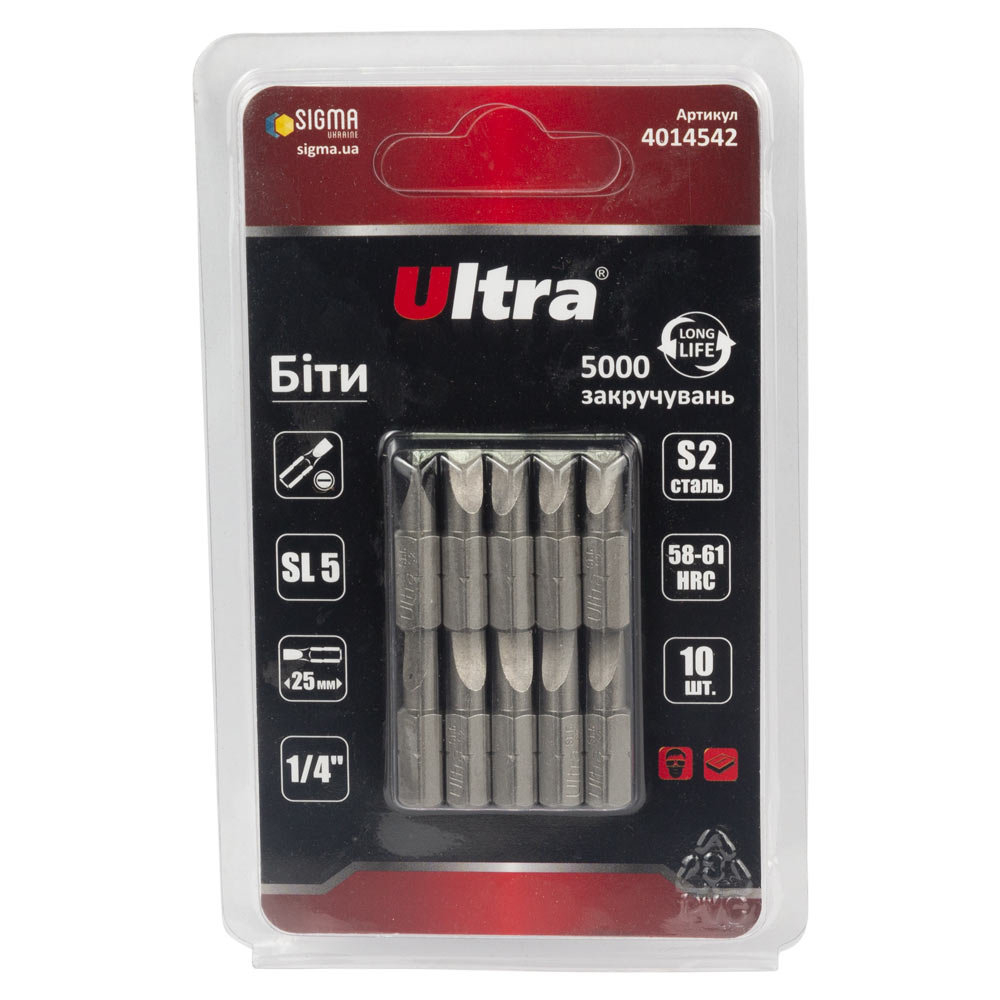 Біти Ultra S2 SL5 x 25 мм 1/4" 10 шт (блістер)