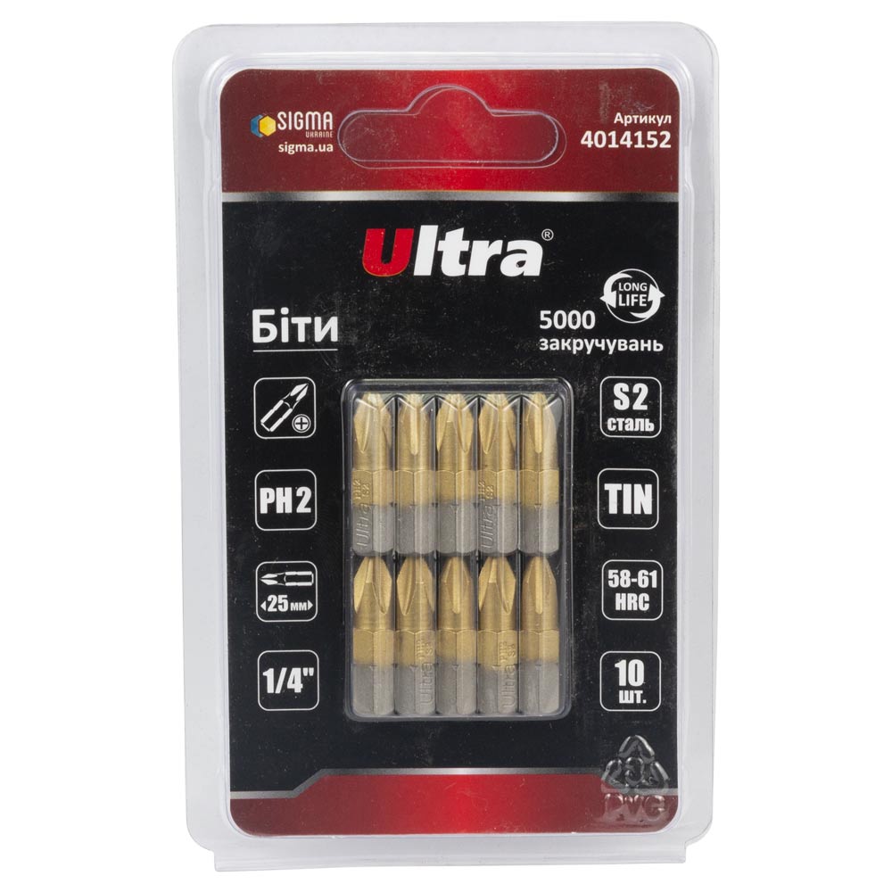 Биты Ultra Tin S2 PH2 x 25 мм 1/4" 10 шт (блистер)