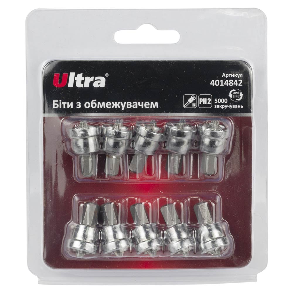 Біти з обмежувачем Ultra S2 PH2 x 25 мм 1/4" 10 шт (блістер)