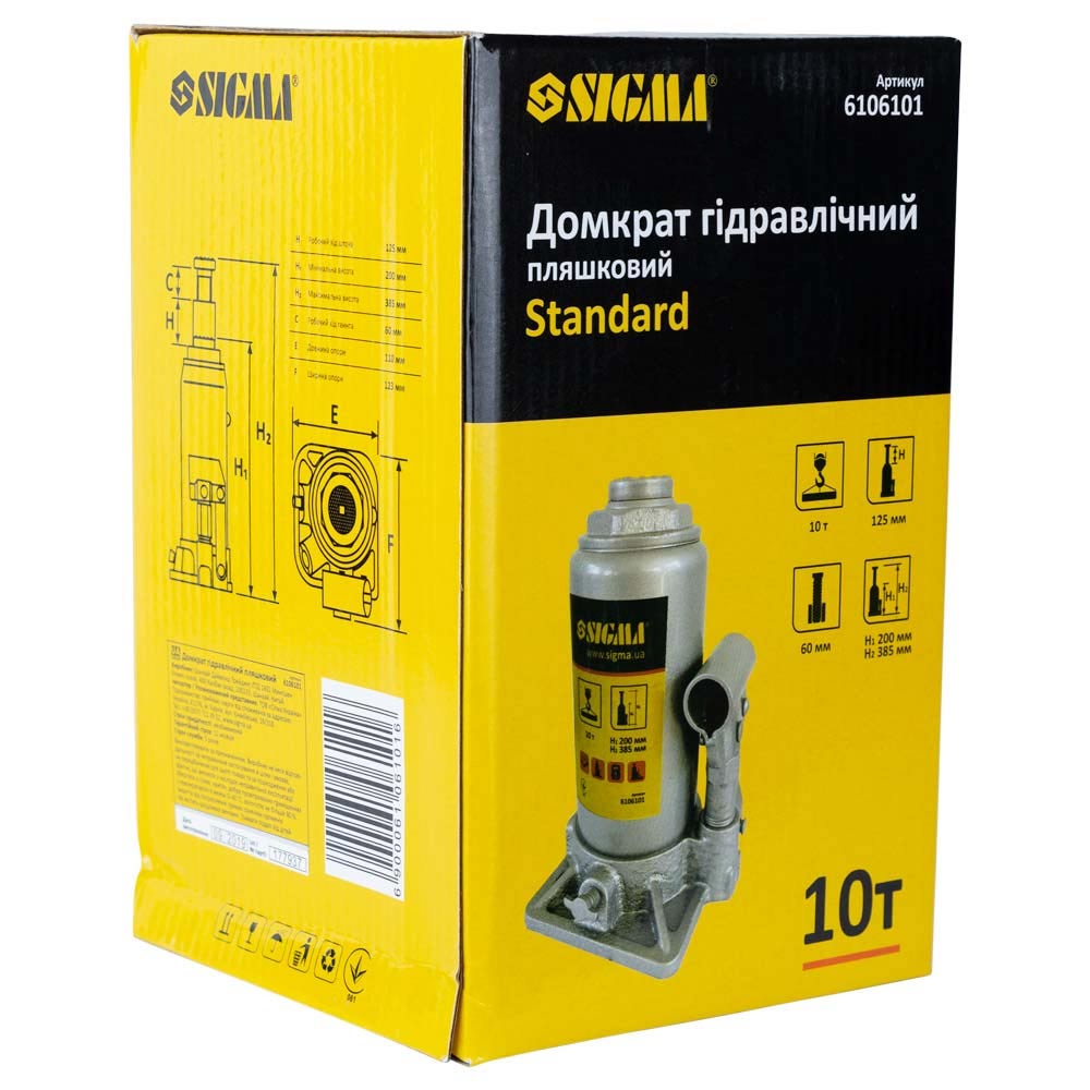 Домкрат Sigma Standard гидравлический бутылочный 10т H 200-385 мм