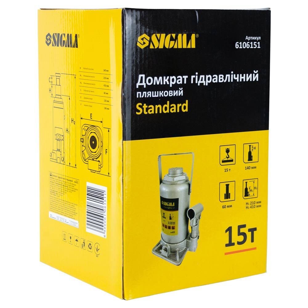 Домкрат Sigma Standard гидравлический бутылочный 15т H 210-410 мм
