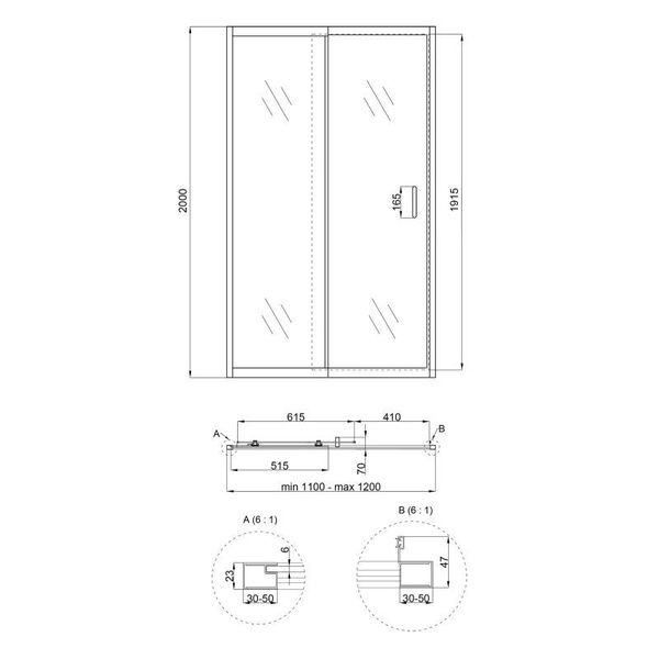 Душові двері в нішу Qtap Taurus CRM2011-12.C6 110-120 х 200 см, скло Clear 6 мм, покриття CalcLess