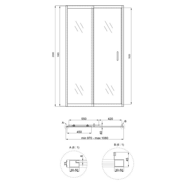 Душові двері в нішу Qtap Taurus CRM201-11.C6 97-108 х 200 см, скло Clear 6 мм, покриття CalcLess