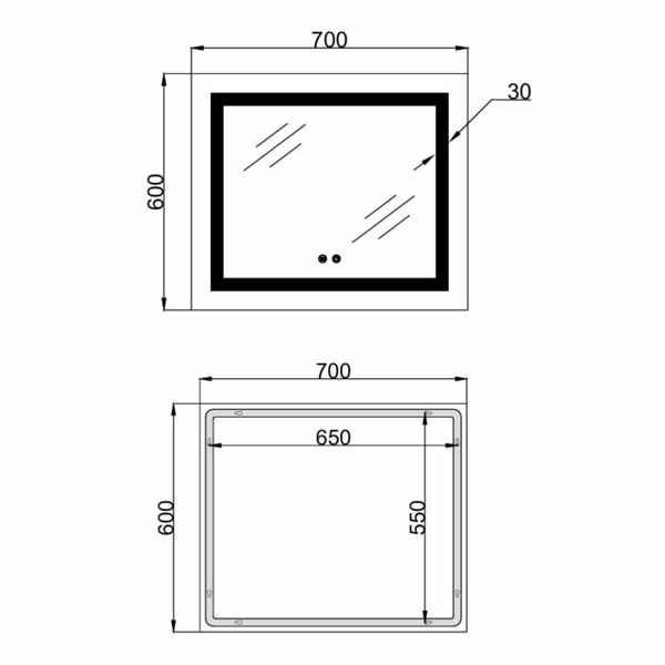 Дзеркало Lidz Kubis (KU1) 700 х 600 з LED-підсвічуванням Touch, з антизапотіванням, димером, рег. яскравості (LDKU60070049285)