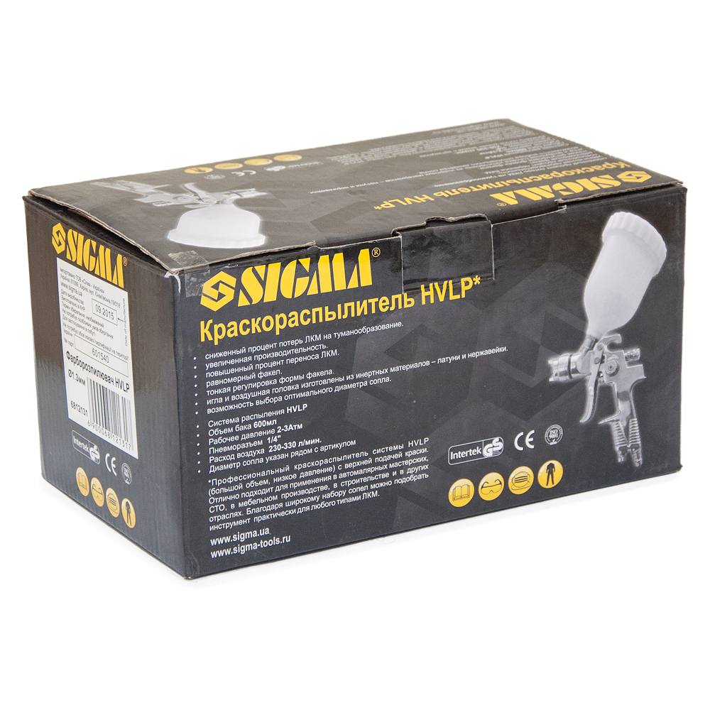 Фарборозпилювач Sigma HVLP Ø1.3 мм 140-280л/хв 3бар в/б 600 мл (пласт) хром