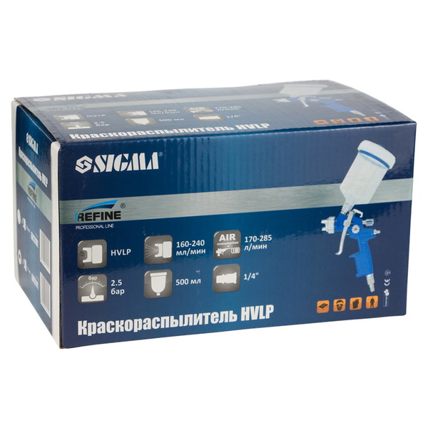 Краскораспылитель Sigma Refine HVLP Ø1.7 мм 170-285л/мин 2.5бар в/б 500 мл (пласт)