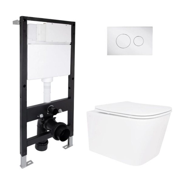 Готовое решение Qtap для ванной комнаты: подвесной унитаз Crow Rimless 485 х 340 x 330 + комплект инсталляции Standard (круглая кнопка Chrome)