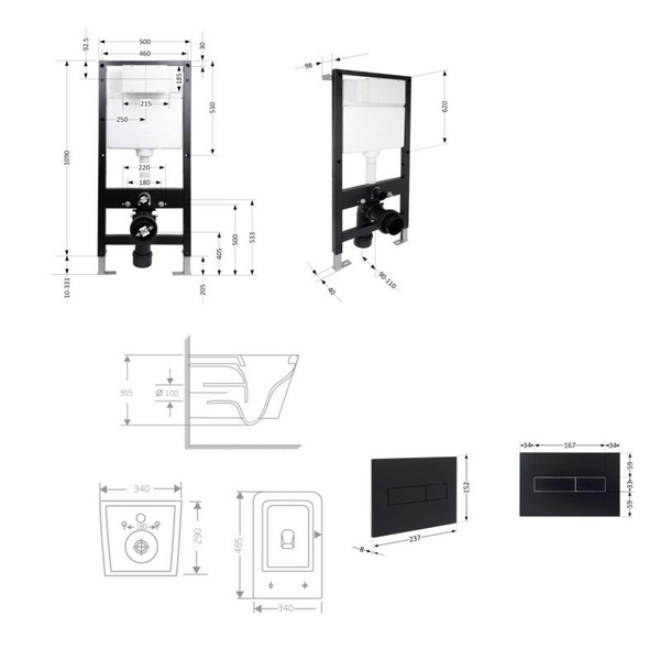 Готовое решение Qtap для ванной комнаты: подвесной унитаз Crow Rimless 485 x 340 x 330 + комплект инсталляции Standard (линейная кнопка Black)