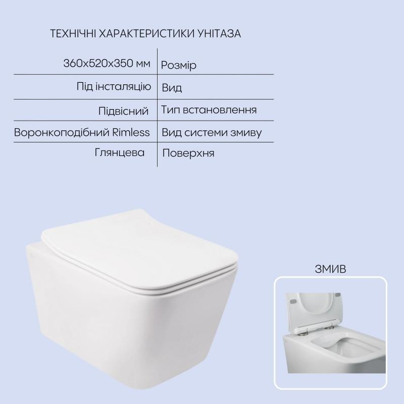 Готове рішення Qtap для ванної кімнати: підвісний унітаз Crow Rimless 520 х 360 х 290 + комплект інсталяції Nest 4 в 1 (кругла клавіша Chrome)