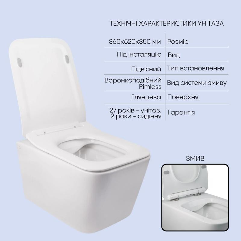 Готове рішення Qtap для ванної кімнати: підвісний унітаз Crow Rimless 520 х 360 х 290 + комплект інсталяції Nest 4 в 1 (лінійна клавіша Black mat)