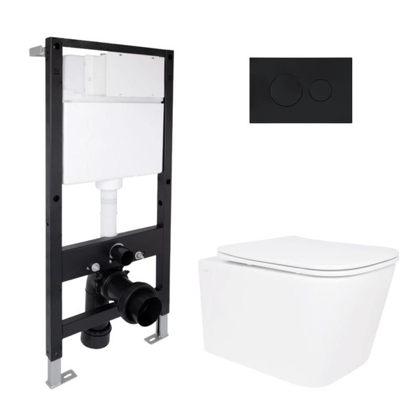 Готовое решение Qtap для ванной комнаты: подвесной унитаз Crow Ultra Quiet 485 x 340 x 290 + комплект инсталляции Standard (круглая кнопка Black)