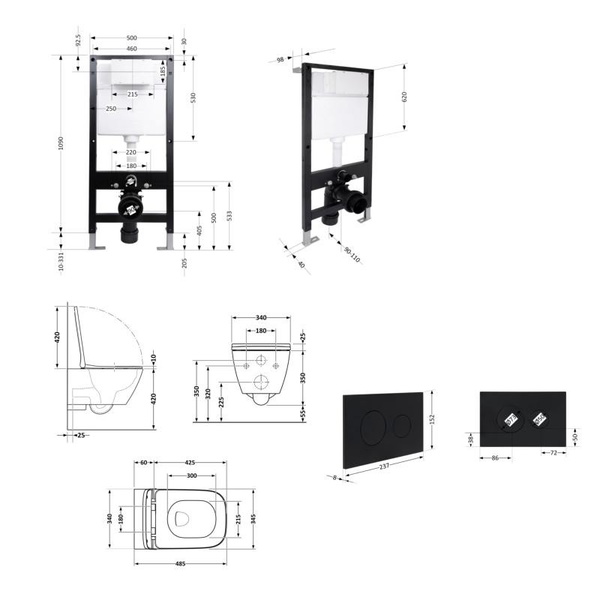 Готовое решение Qtap для ванной комнаты: подвесной унитаз Crow Ultra Quiet 485 x 340 x 290 + комплект инсталляции Standard (круглая кнопка Black)