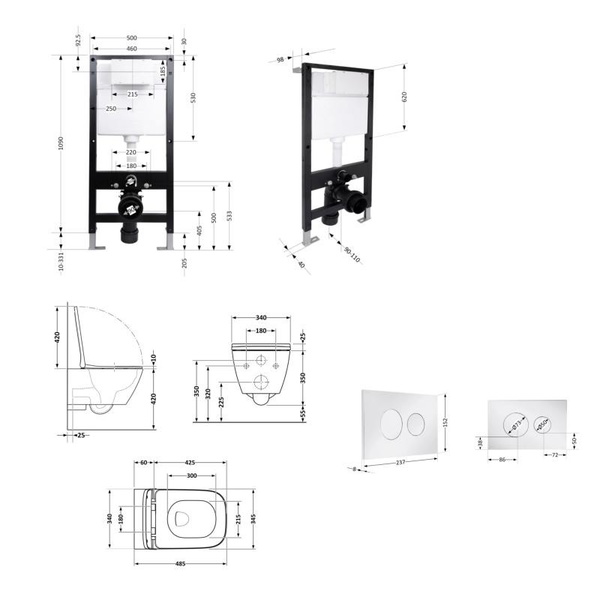 Готовое решение Qtap для ванной комнаты: подвесной унитаз Crow Ultra Quiet 485 x 340 x 290 + комплект инсталляции Standard (круглая кнопка Chrome)