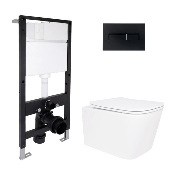 Готовое решение Qtap для ванной комнаты: подвесной унитаз Crow Ultra Quiet 485 x 340 x 290 + комплект инсталляции Standard (линейная кнопка Black)