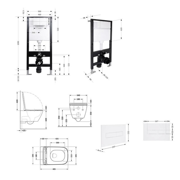 Готовое решение Qtap для ванной комнаты: подвесной унитаз Crow Ultra Quiet 485 x 340 x 290 + комплект инсталляции Standard (линейная кнопка White)