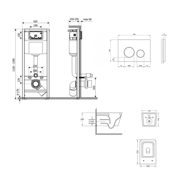 Готовое решение Qtap для ванной комнаты: подвесной унитаз Crow Ultra Quiet 520 x 360 x 290 + комплект инсталляции Nest 4 в 1 (круглая клавиша Satin)