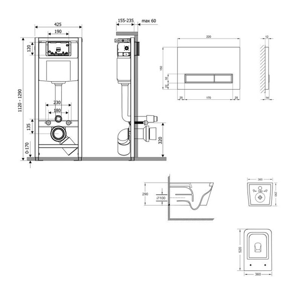 Готовое решение Qtap для ванной комнаты: подвесной унитаз Crow Ultra Quiet 520 x 360 x 290 + комплект инсталляции Nest 4 в 1 (линейная клавиша White)