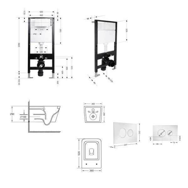Готовое решение Qtap для ванной комнаты: подвесной унитаз Crow Ultra Quiet 520 x 360 x 290 + комплект инсталляции Standard (круглая кнопка Chrome)