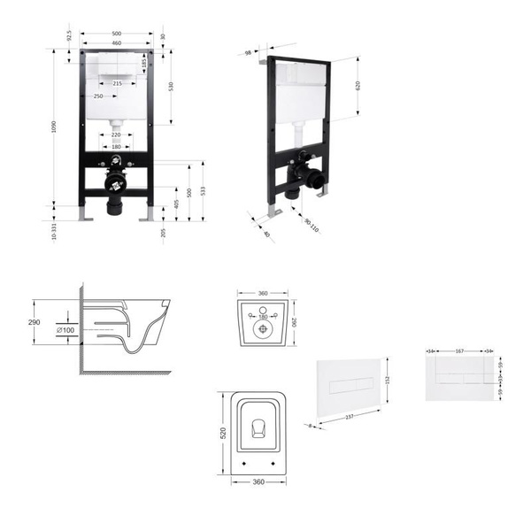 Готовое решение Qtap для ванной комнаты: подвесной унитаз Crow Ultra Quiet 520 x 360 x 290 + комплект инсталляции Standard (линейная кнопка White)