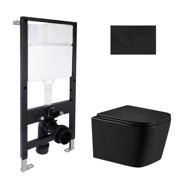 Готовое решение Qtap для ванной комнаты: подвесной унитаз Crow Ultra Quiet Black 485 x 340 x 290 + комплект инсталляции Standard (круглая кнопка Black)