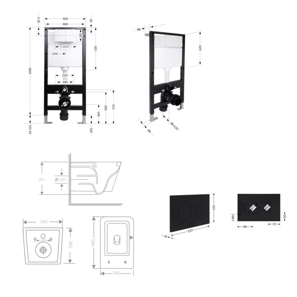 Готовое решение Qtap для ванной комнаты: подвесной унитаз Crow Ultra Quiet Black 485 x 340 x 290 + комплект инсталляции Standard (круглая кнопка Black)