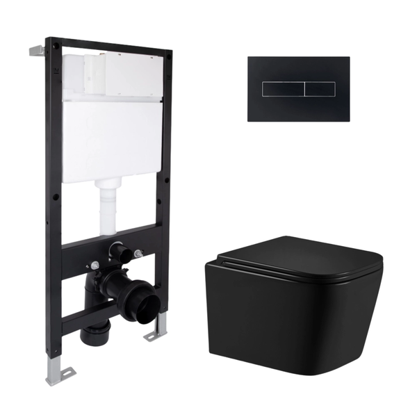 Готовое решение Qtap для ванной комнаты: подвесной унитаз Crow Ultra Quiet Black 485 x 340 x 290 + комплект инсталляции Standard (линейная кнопка Black)
