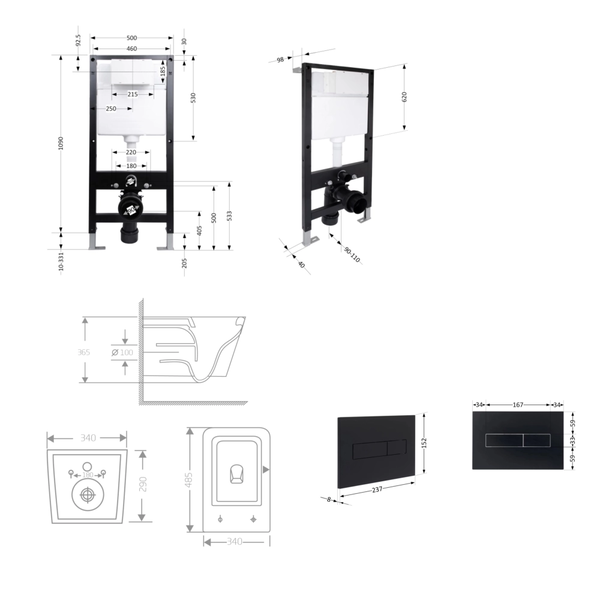 Готовое решение Qtap для ванной комнаты: подвесной унитаз Crow Ultra Quiet Black 485 x 340 x 290 + комплект инсталляции Standard (линейная кнопка Black)