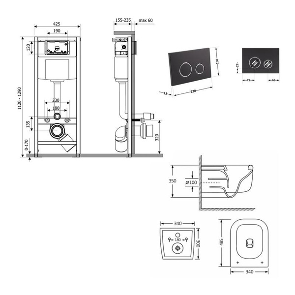 Готовое решение Qtap для ванной комнаты: подвесной унитаз Gemini Ultra Quiet 485 x 340 x 350 + комплект инсталляции Nest 4 в 1 (круглая клавиша Matt Black)