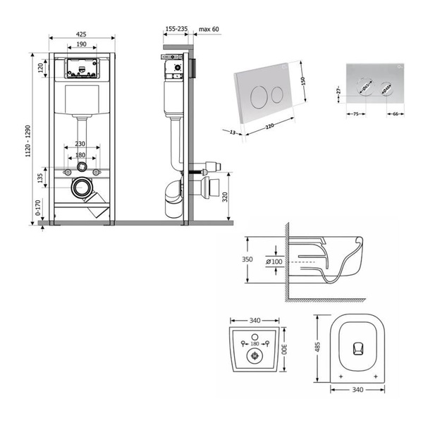 Готовое решение Qtap для ванной комнаты: подвесной унитаз Gemini Ultra Quiet 485 x 340 x 350 + комплект инсталляции Nest 4 в 1 (круглая клавиша Satin)