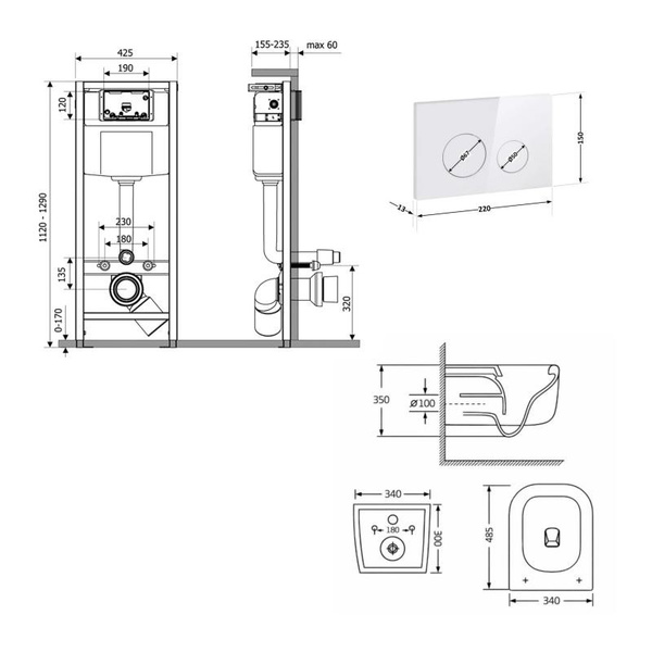 Готовое решение Qtap для ванной комнаты: подвесной унитаз Gemini Ultra Quiet 485 x 340 x 350 + комплект инсталляции Nest 4 в 1 (круглая клавиша White)