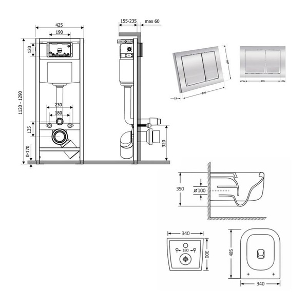Готовое решение Qtap для ванной комнаты: подвесной унитаз Gemini Ultra Quiet 485 x 340 x 350 + комплект инсталляции Nest 4 в 1 (квадратная клавиша Chrome)
