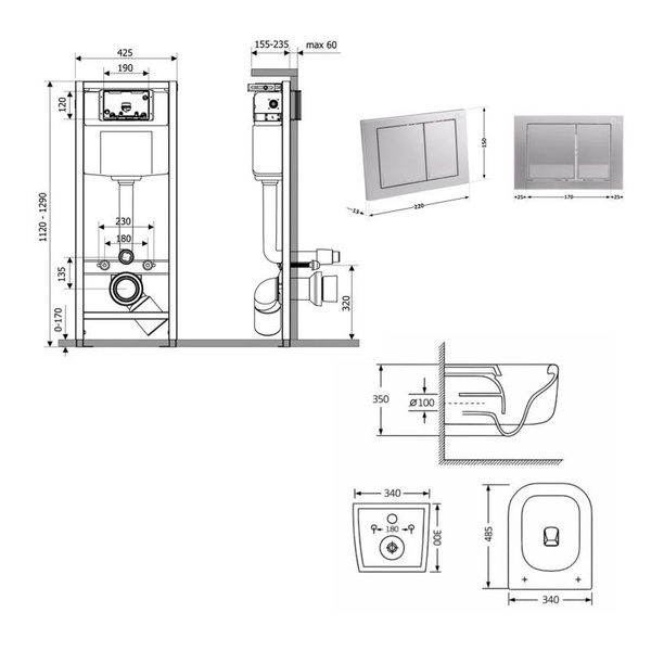 Готовое решение Qtap для ванной комнаты: подвесной унитаз Gemini Ultra Quiet 485 x 340 x 350 + комплект инсталляции Nest 4 в 1 (квадратная клавиша Satin)