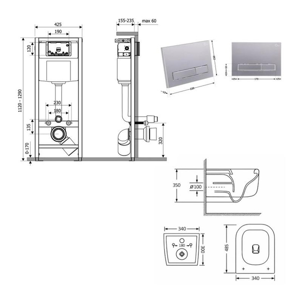 Готовое решение Qtap для ванной комнаты: подвесной унитаз Gemini Ultra Quiet 485 x 340 x 350 + комплект инсталляции Nest 4 в 1 (линейная клавиша Satin)