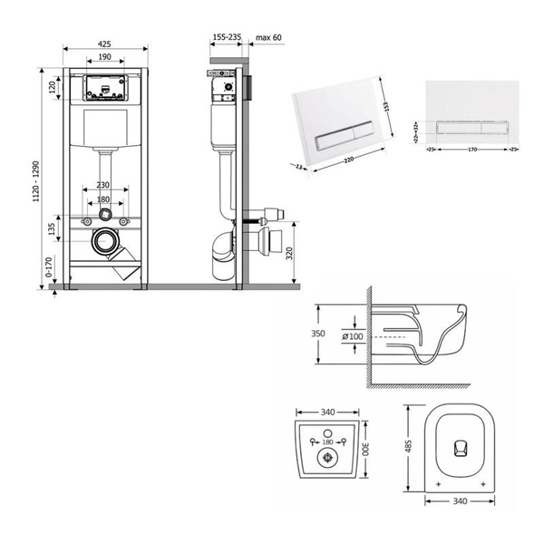Готовое решение Qtap для ванной комнаты: подвесной унитаз Gemini Ultra Quiet 485 x 340 x 350 + комплект инсталляции Nest 4 в 1 (линейная клавиша White)
