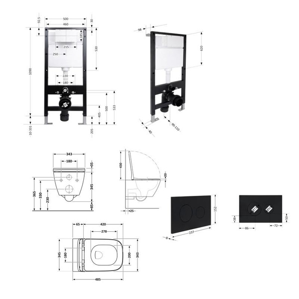 Готовое решение Qtap для ванной комнаты: подвесной унитаз Gemini Ultra Quiet 485 x 340 x 350 + комплект инсталляции Standard (круглая кнопка Black)