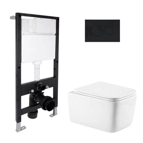 Готовое решение Qtap для ванной комнаты: подвесной унитаз Gemini Ultra Quiet 520 x 360 x 350 + комплект инсталляции Standard (круглая кнопка Black)