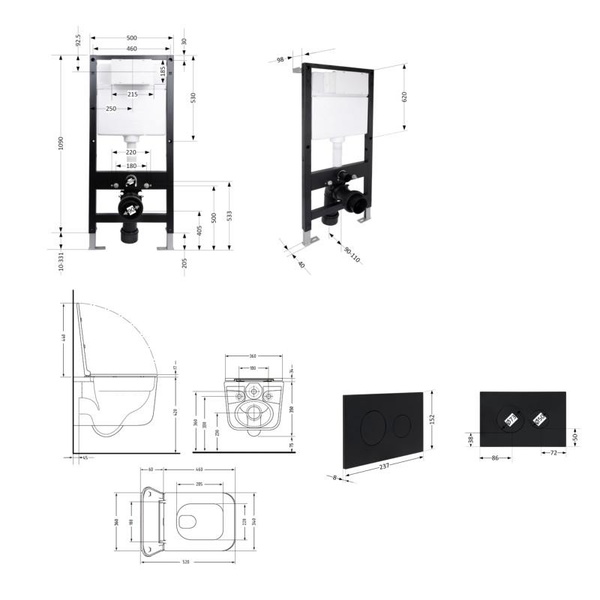 Готовое решение Qtap для ванной комнаты: подвесной унитаз Gemini Ultra Quiet 520 x 360 x 350 + комплект инсталляции Standard (круглая кнопка Black)