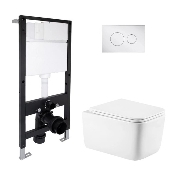 Готовое решение Qtap для ванной комнаты: подвесной унитаз Gemini Ultra Quiet 520 x 360 x 350 + комплект инсталляции Standard (круглая кнопка Chrome)