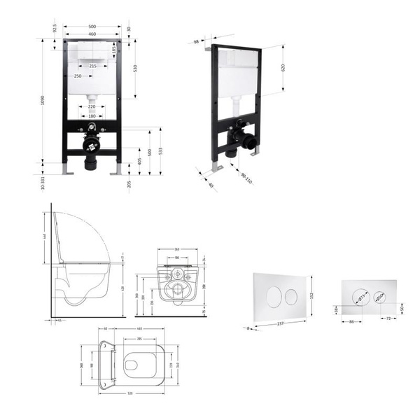 Готовое решение Qtap для ванной комнаты: подвесной унитаз Gemini Ultra Quiet 520 x 360 x 350 + комплект инсталляции Standard (круглая кнопка Chrome)